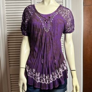 Hippie Bohemian Festival Scoop Neck Purple Tie Dye Blouse
